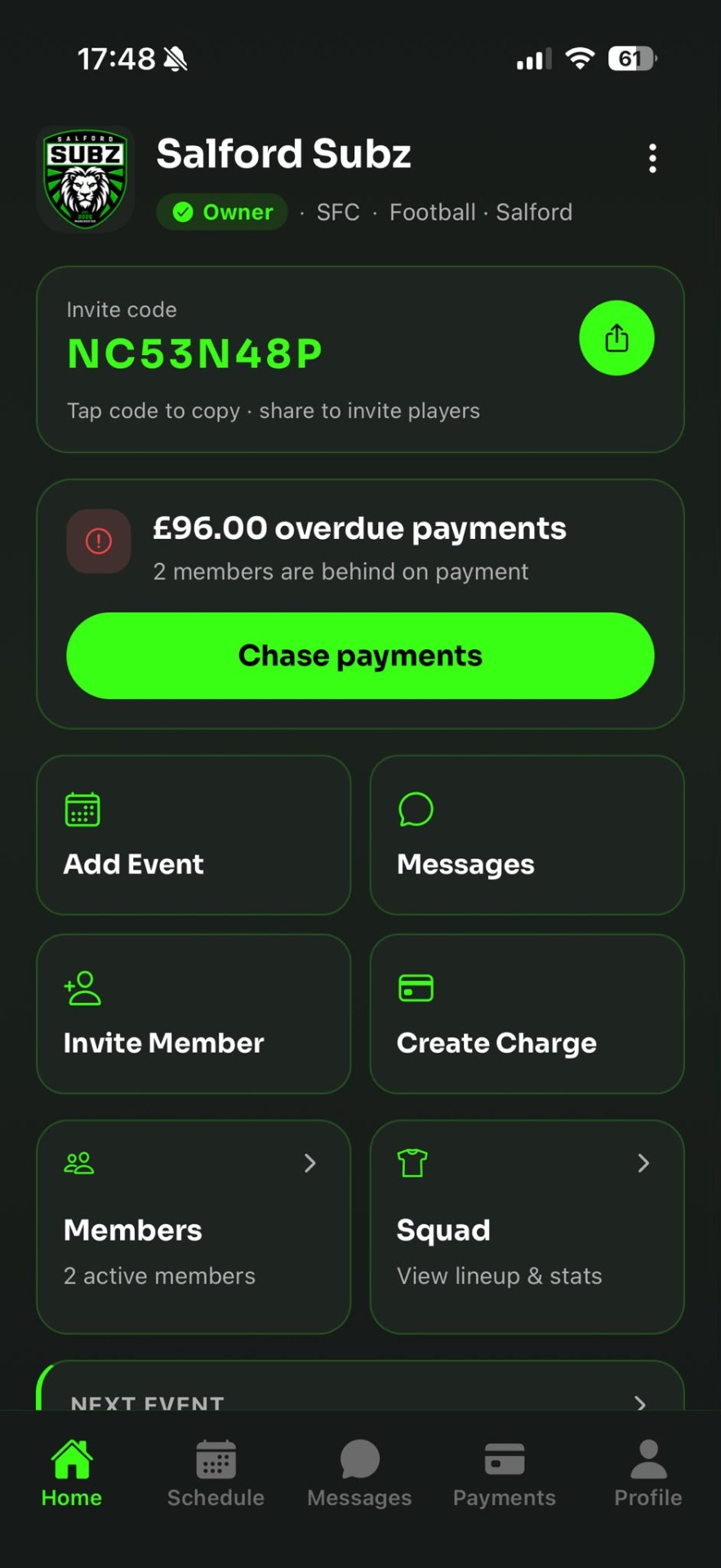 Subz HQ mobile app home screen