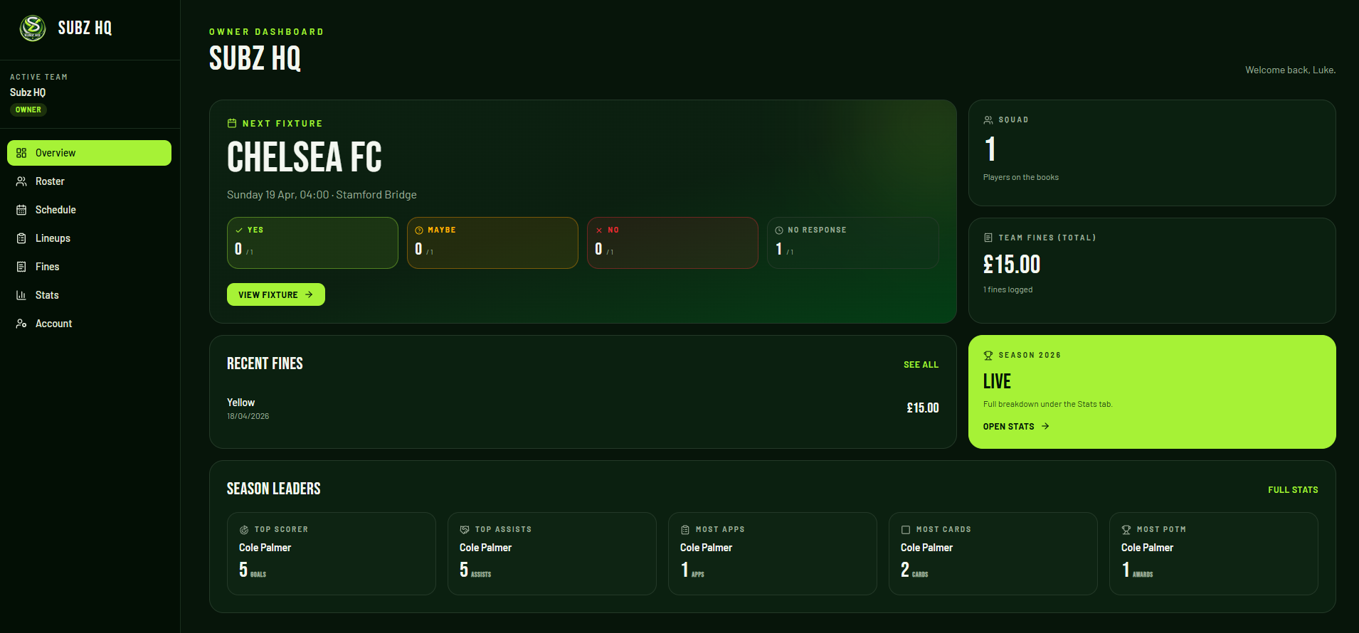 Subz HQ web dashboard for managers