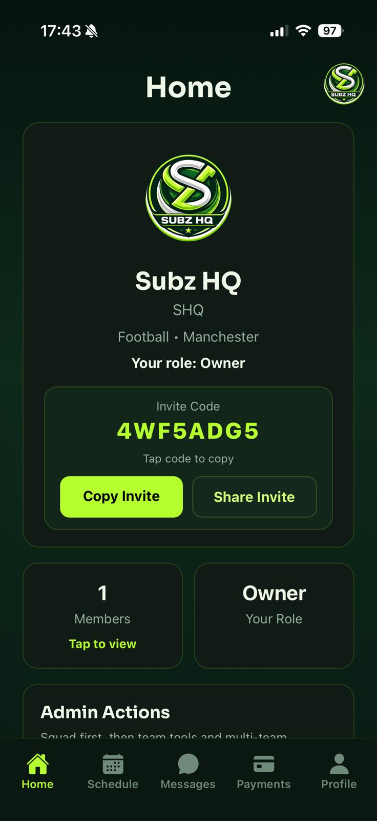 Subz HQ mobile app home screen