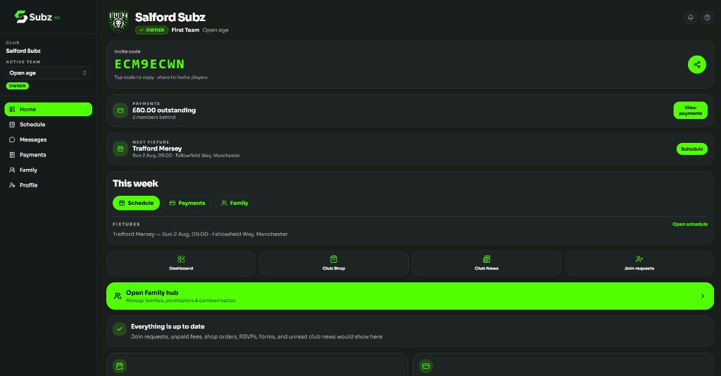 Subz HQ web dashboard for managers